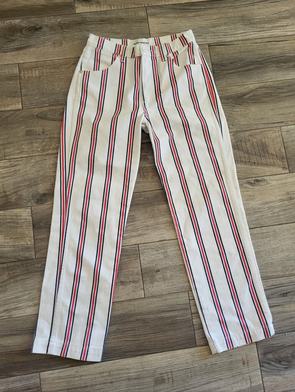 Reformation Roper Grenad  White High-Rise Pants with Red & Navy Pinstripes 26